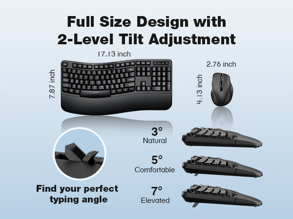 full size wireless keyboard and mouse with 2-Level Tilt Adjustment