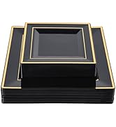 N9R 60 Pack Black Square Plastic Plates with Gold Rim Include 30 Disposable Dinner Plates 9.5 Inc...