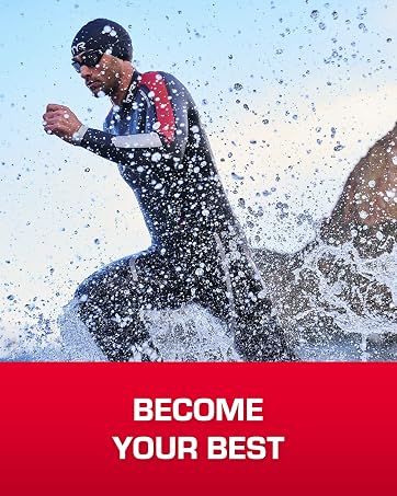 Image of man running in swimming cap and skinsuit with text reading become your best.