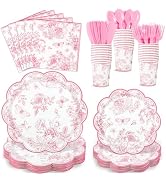 NatNarr 175 Pcs Pink Floral Plates and Napkins, 25 Guest Valentines Plates Scalloped Vintage Flor...