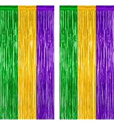 2 Pack Mardi Gras Tinsel Backdrop, 3.28 FT x 7.05 FT Metallic Fringe Curtain, Purple Gold Green C...