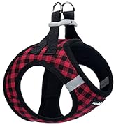 Red and black plaid pet harness with black handles and metal clasps, designed for small animal control and walking.