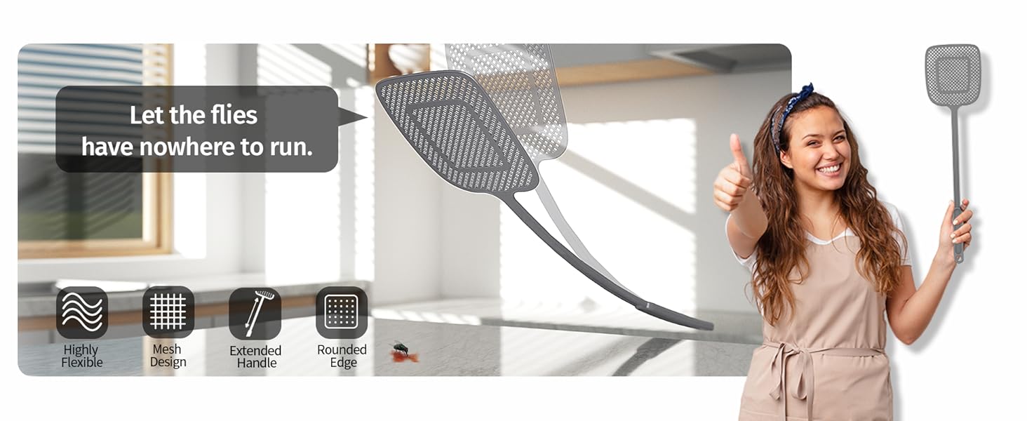 MR.SIGA Heavy Duty Long Handle Fly Swatter, Gray, 6 Pack