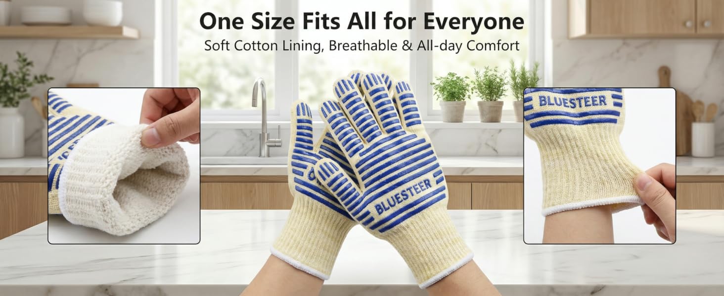 BLUESTEER heat-resistant oven gloves, cotton-lined, one size fits all