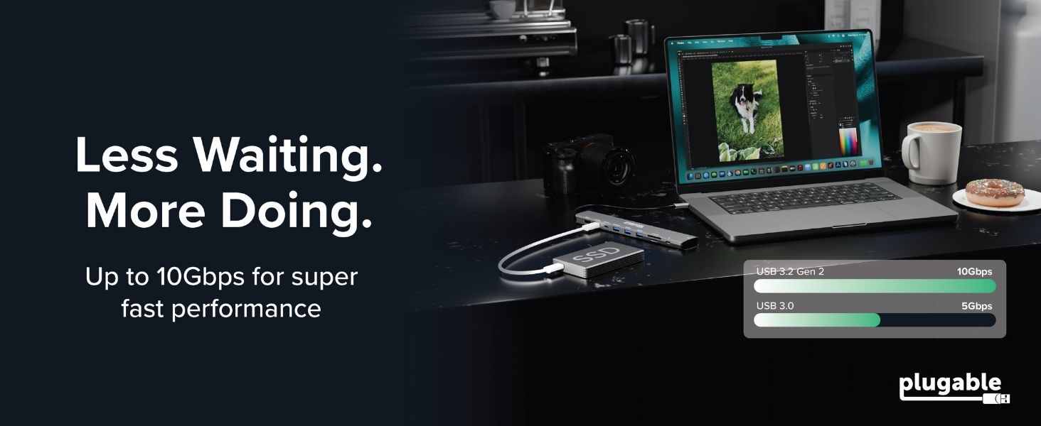 USB C hub for Mac with SSD and laptop, Less Waiting. More Doing and 10Gbps