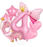 40 Inch 4 Balloon Number, Cute Crown Dinosaur Balloons, Star Bow Heart Balloons, Pastel Pink dino...