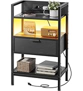HLDIRECT Night Stand with Charging Station, LED Nightstand with Storage Shelf & Wooden Drawer, 3-...