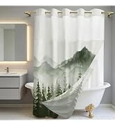 juwute Hookless Shower Curtain with Snap in Liner, Green Nature Forest No Hook Shower Curtains fo...