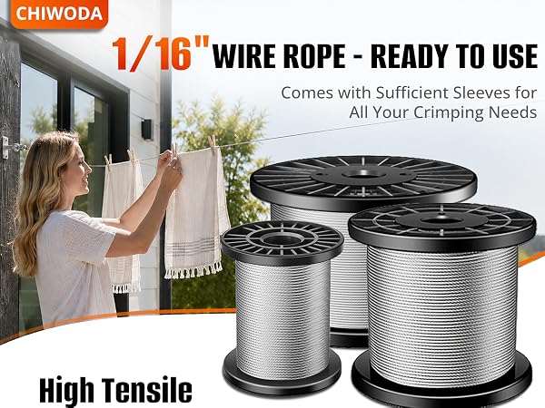 CHIWODA 1/16 in 304 stainless steel wire rope with crimp sleeves, ready for everyday projects.