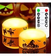 Yakpo 2 Pack Flameless Halloween LED Pumpkin Lights with Remote and Timer | Battery operated flic...
