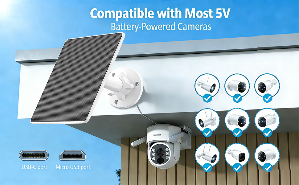 5W solar panel compatible with most 5V battery-powered cameras via USB-C and Micro USB ports