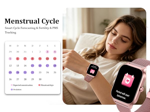 Text reads "Menstrual Cycle" and "Smart Cycle Forecasting & Fertility & PMS Tracking". Composite showing calendar grid with color-coded cycle tracking and woman wearing smartwatch displaying menstrual cycle app interface.