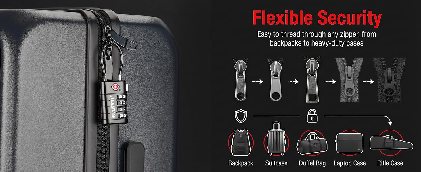 ANVIL TSA cable luggage lock fits backpacks, suitcases, and duffel bags.