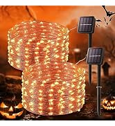 BEEWIN 2 Pack Orange Solar Fairy Lights Outdoor,Each 33ft 100 LED Solar Powered Halloween String ...