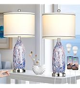 Coastal Lamps with USB A+C Ports & LED Night light, Unique Seashells Glass Table Lamps with Natur...