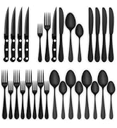 24-Piece Black Silverware Set with Steak Knives, Stainless Steel Flatware Cutlery Set for 4, Spoo...