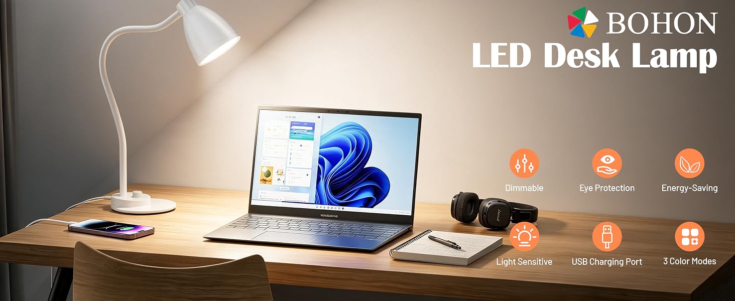 LED Desk Lamp with USB Charging Port Reading Lamp Task Lamp Flexible Table Light for Dorm Bedside