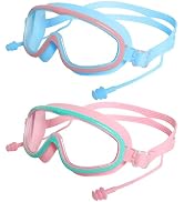 Haakong 2Pcs Pink and Blue Swimming Goggles No Fog Swimming Goggles With 2 Earplugs for Boys Girl...