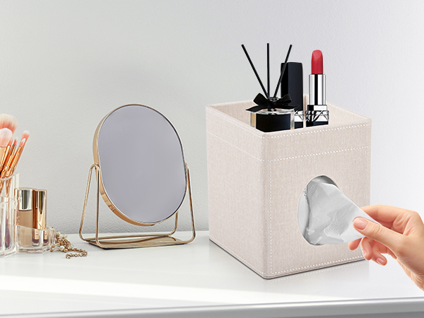 Multiple views of a minimalist white and grey makeup organizer with storage compartments and slots for cosmetics, featuring rotating design and adjustable sections.