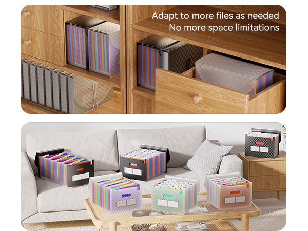Expandable file organizers with colorful tabs in various storage settings: wooden shelf, sofa, and coffee table. Text reads 'Adapt to more files as needed No more space limitations'.