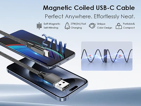 Coiled USB A to C cable braid