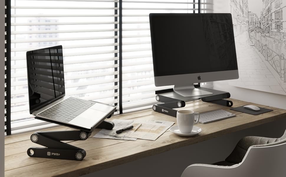 ergonomic adjustable computer riser desk stand standing with fan for 17 laptop mouse pad portable