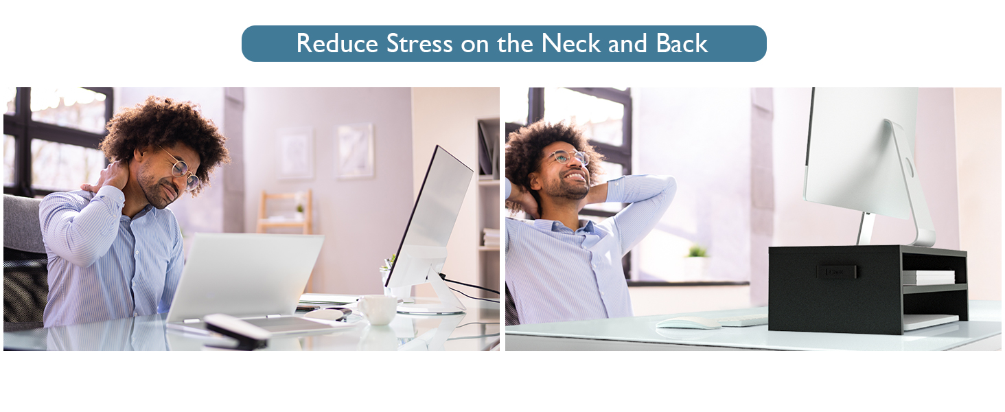 Split image showing office worker stretching neck at desk, demonstrating ergonomic practices to reduce neck and back stress.