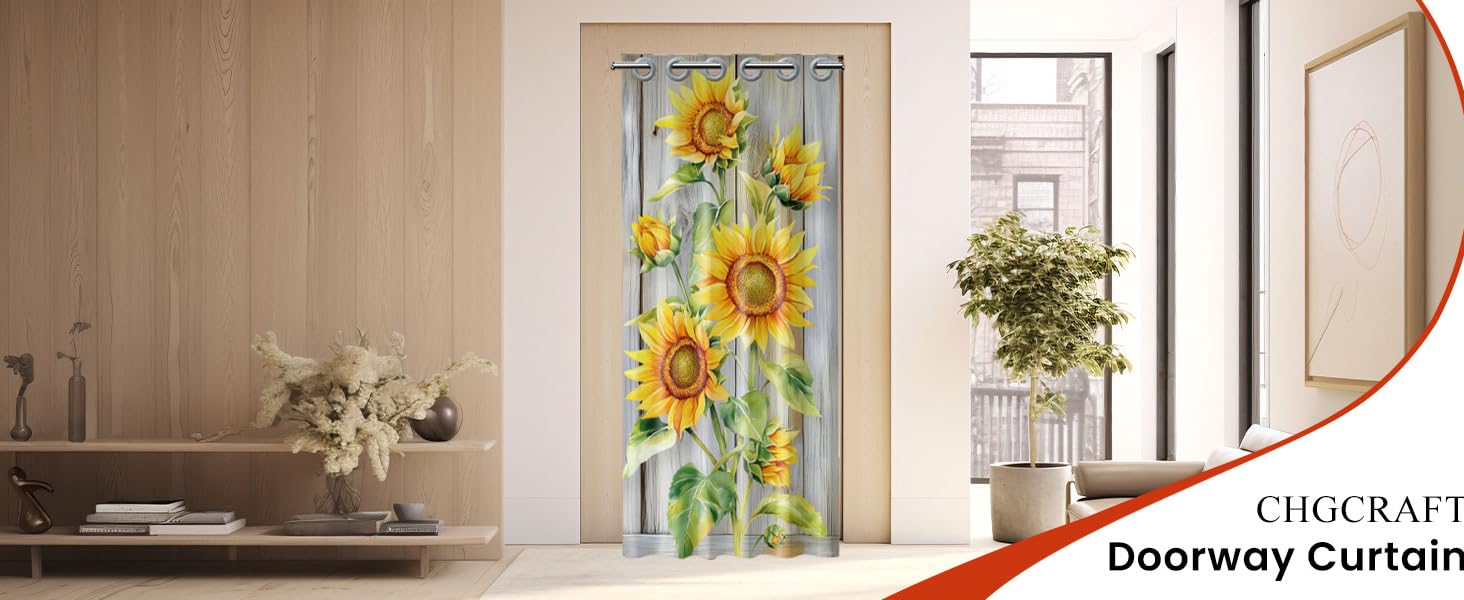 Doorway curtain featuring vibrant yellow sunflowers on a light background, shown installed in a modern interior setting with wooden walls.