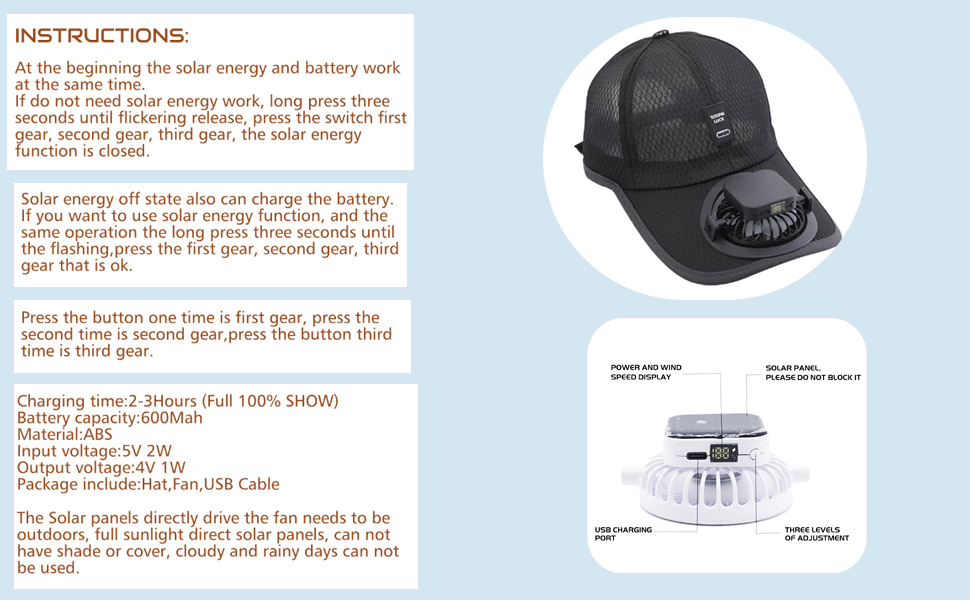 Men Women Solar Powered Fan Hat Cooling Baseball Hat Fishing Camping