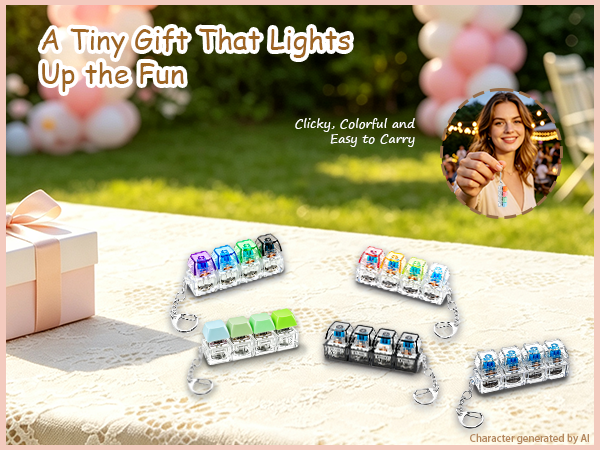 Multiple colorful light-up keyboard fidget keychains displayed beside a small gift box.