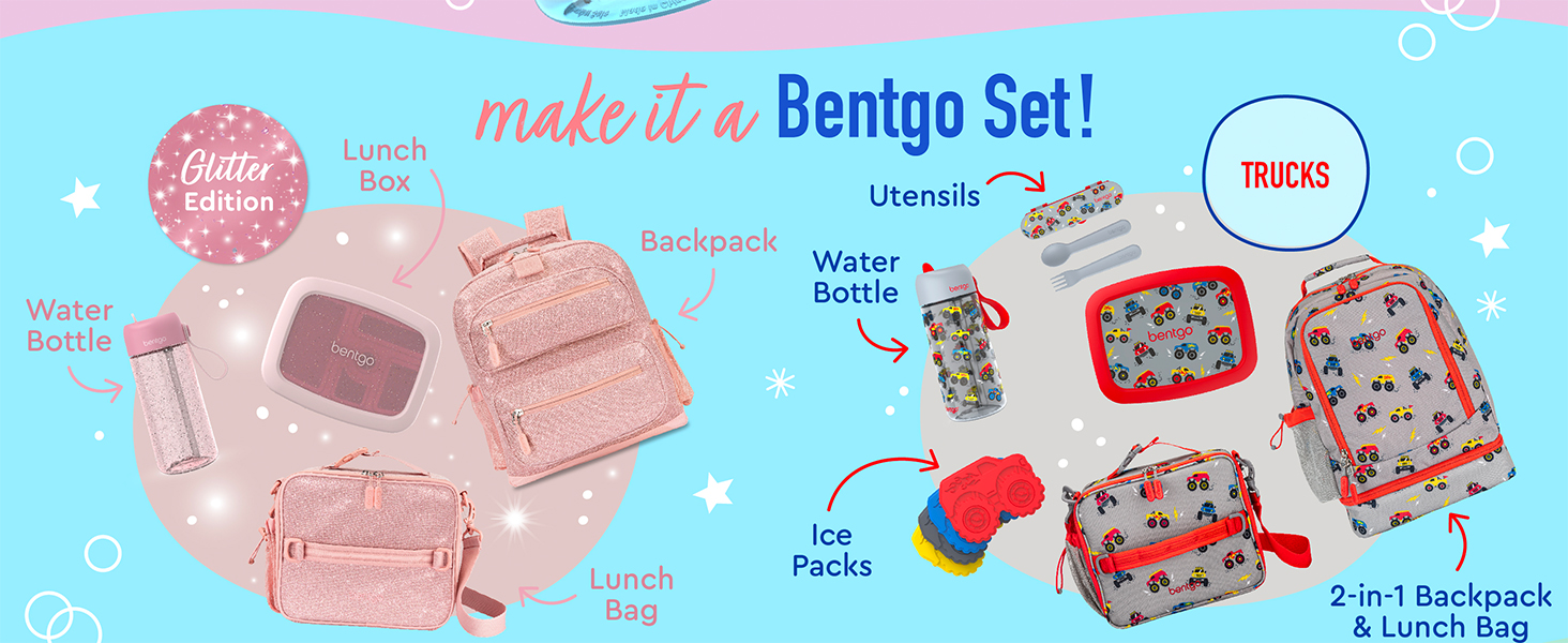 bentgo kids lunch boxes and water bottles, bentgo set, bentgo bundles, water bottles for kids