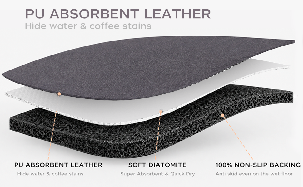 Layered absorbent coffee mat with PU leather top, diatomite core, and non-slip backing.