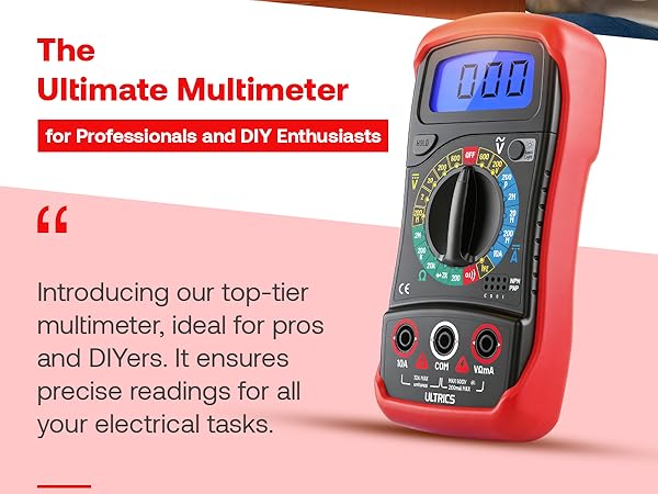 Text reads 'The Ultimate Multimeter for Professionals and DIY Enthusiasts'. Digital multimeter with blue LCD display shown against red background. Text mentions 'Introducing our top-tier precise readings for all your electrical tasks.'