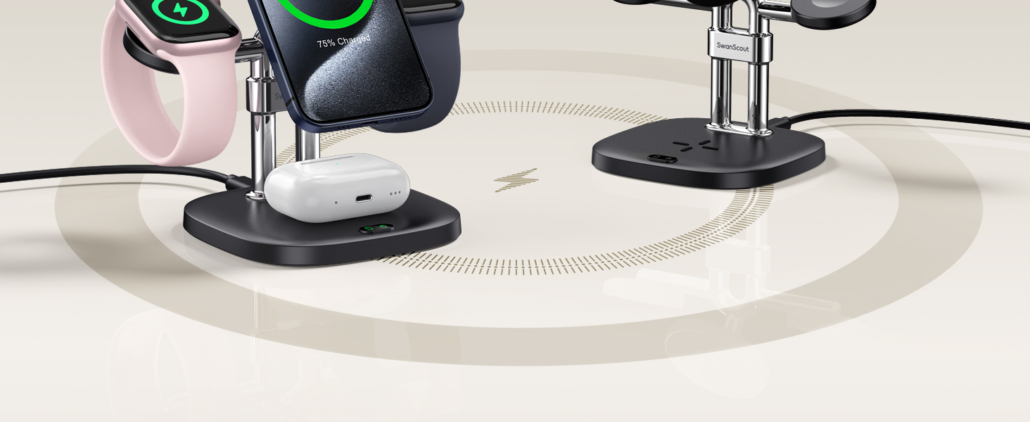 Close-up of electric shaver base with green light indicator, sitting on a white circular surface against a pink background.