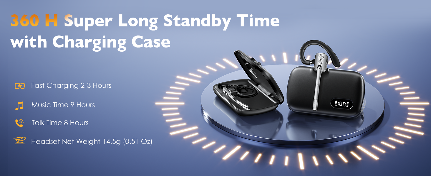 Text reads: '360°H Super Long Standby Time with Charging Case', 'Agl Charging 2.3 Hours', 'Music Time 9 Hours', 'Talk Time 8 Hours', 'Headset Net Weight 4.5g 0.3' Oz'. Black wireless earbuds with charging case and circular timer graphic on blue background.