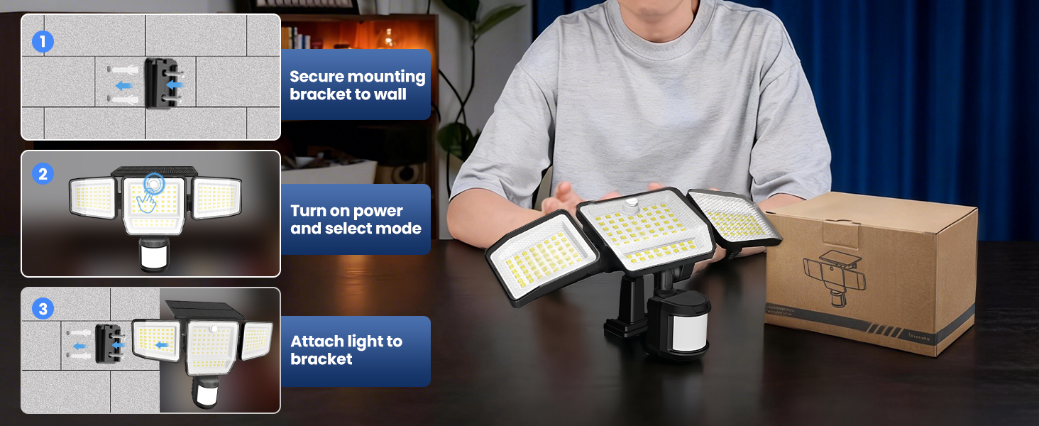 Secure mounting bracket to wall with screws. Turn on power and select mode. Attach light to bracket