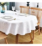 Wolkemer Shiny Oval Jacquard Tablecloth 60 x 84 Inch White Floral Countryside Leaves Damask Patte...