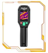 Text reads 'Masdjoy FM'. Thermal imaging handheld device with black body, green power button, and color thermal display screen showing heat signature, surrounded by yellow decorative border frame.