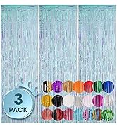 Voircoloria 3 Pack 3.3x8.2 Feet Neon Iridescent Foil Fringe Backdrop Curtains, Tinsel Streamers B...