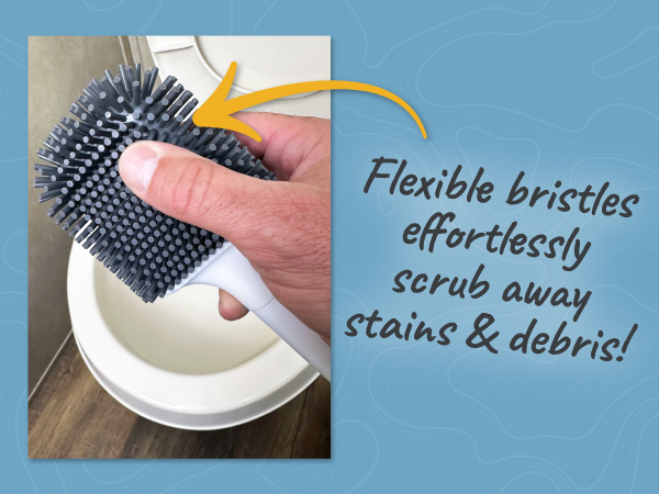 RV toilet and hand showing silicone bristles on toilet brush are soft and flexible