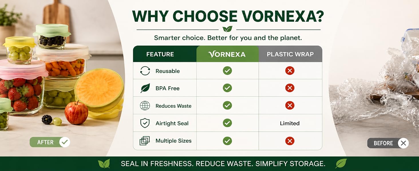 Vornexa reusable silicone stretch lids compared to disposable plastic wrap for food storage.