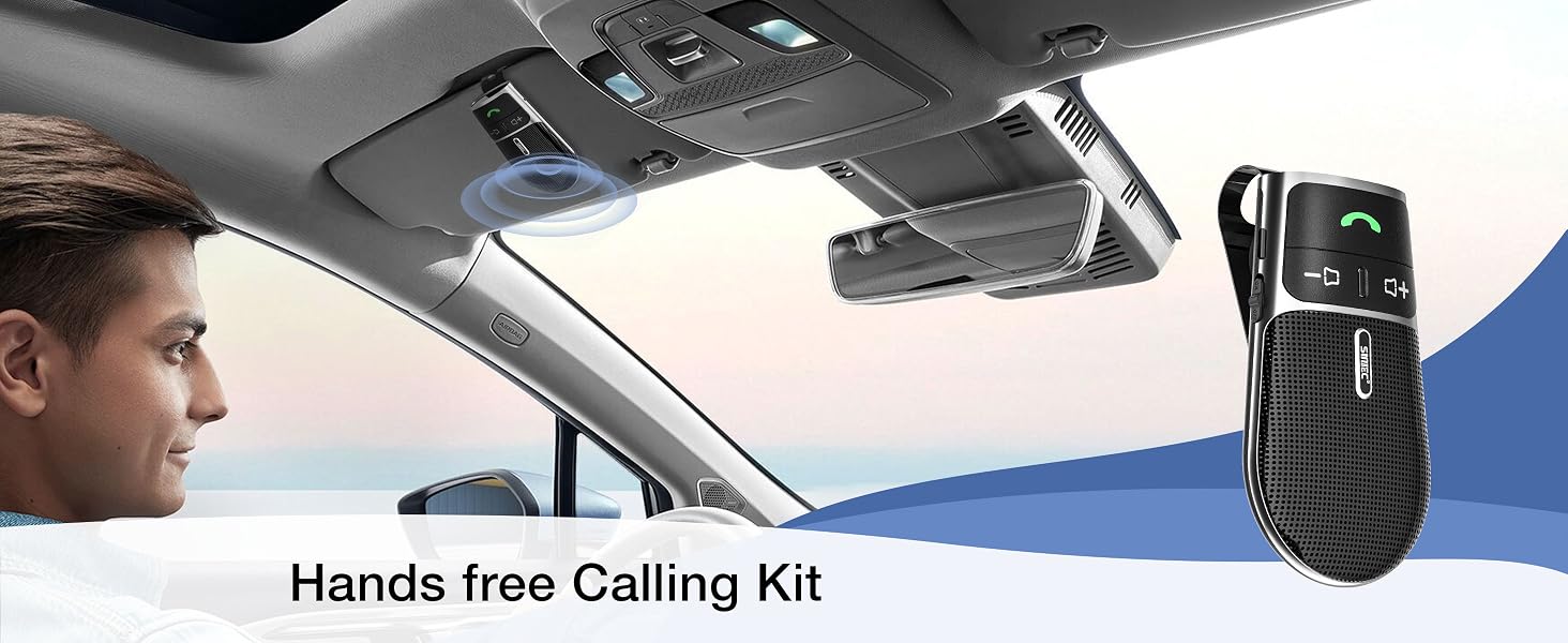 Vehicle hands-free calling kit mounted on car visor, with black mesh holder containing mobile device.