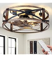 Passky 20" Farmhouse Flush Mount Ceiling Fans with Lights and Remote, Industrial Black Caged Low ...