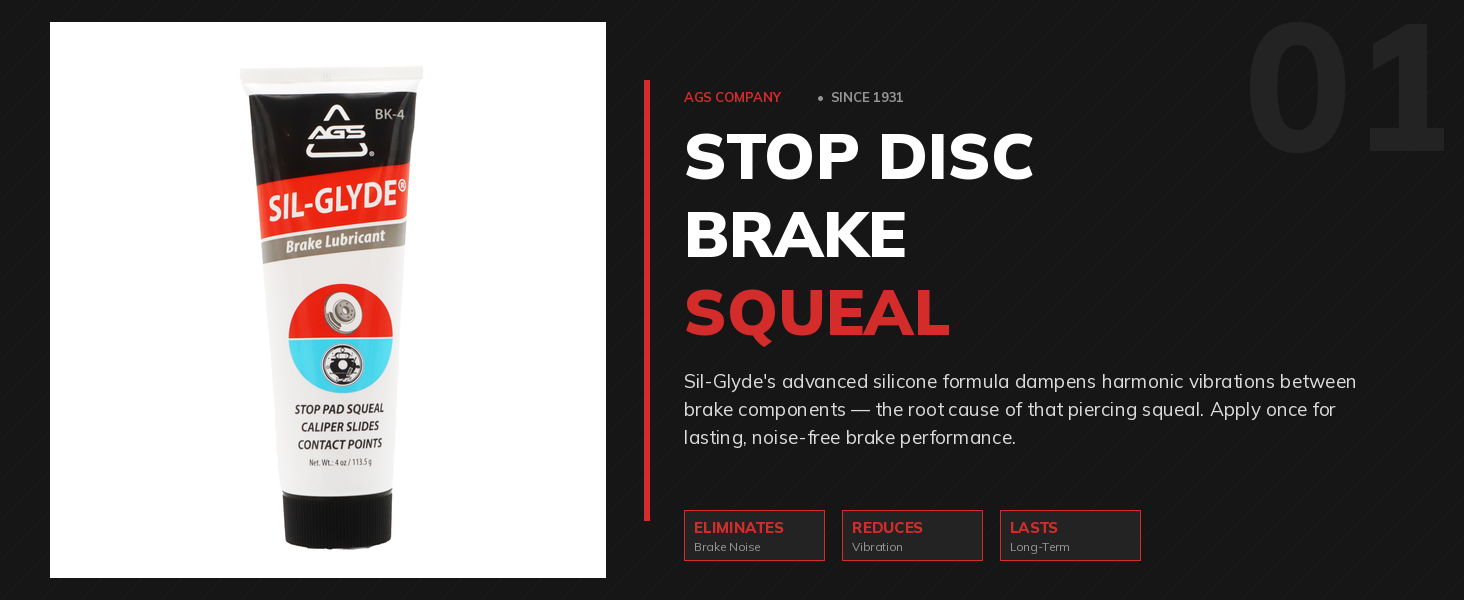 Sil-Glyde 4 oz brake lubricant tube with bold text: Stop Disc Brake Squeal on dark background.