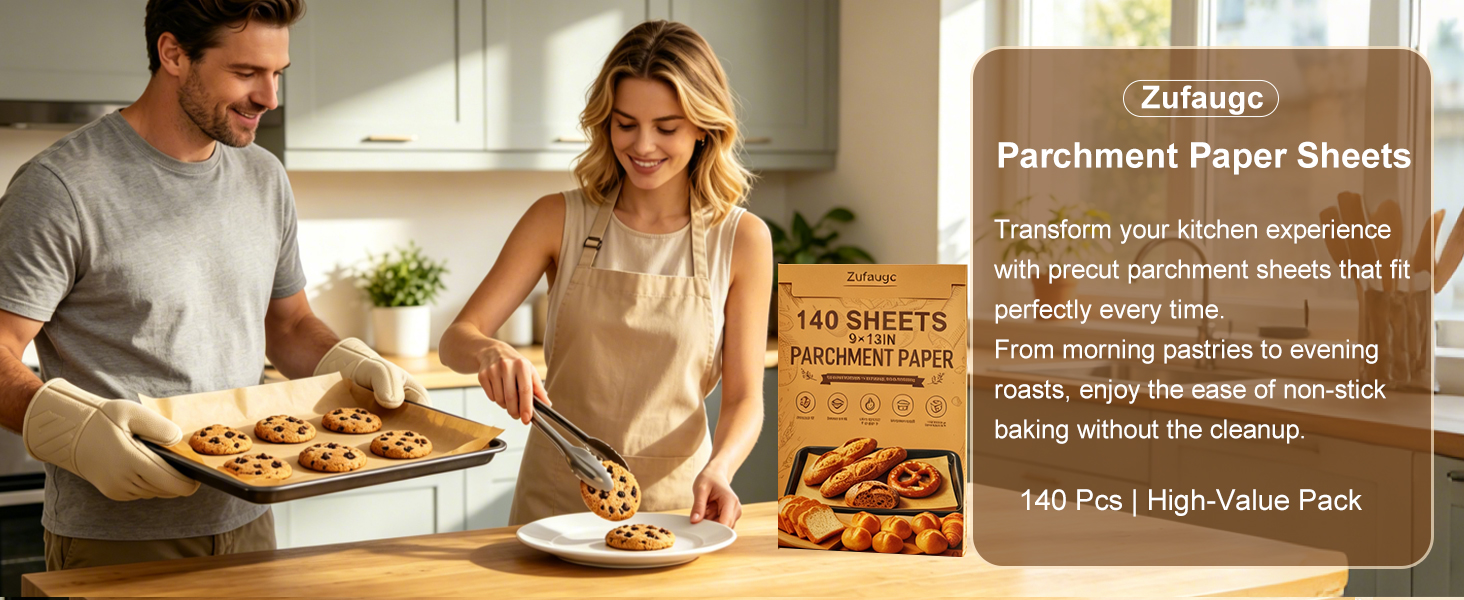 Zufaugc 9x13in precut parchment paper sheets for baking cookies pastries.