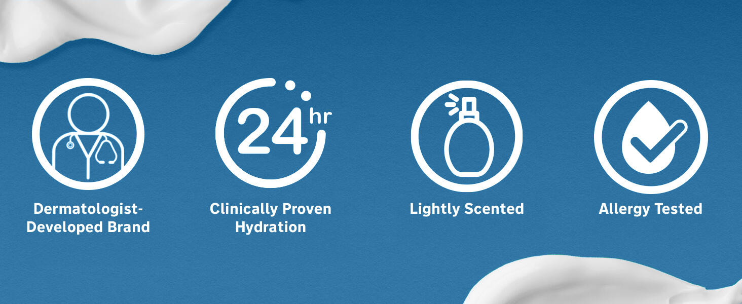 Dermatologist developed brand. 48 hour clinically proven hydration. Hypoallergenic. No fragrance.