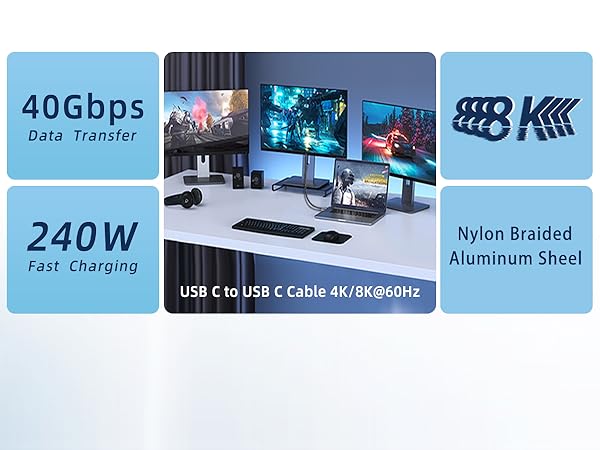 USB C 40Gbps Data Transfer Cable 3.3ft 240W PD Fast Charging 8K/4K HD Display Video Monitor Cable
