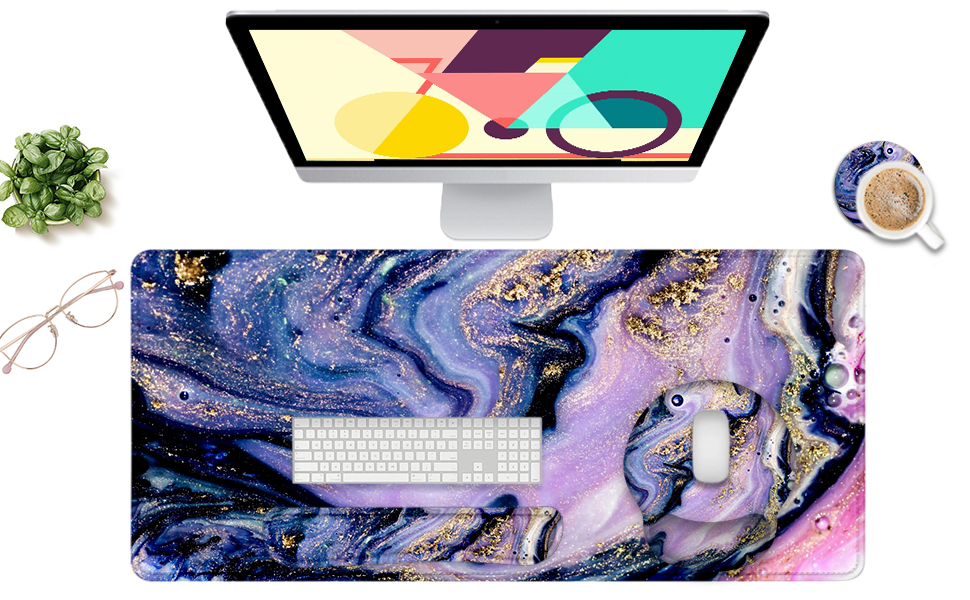 the package includes a 35.4''x15.7'' large mouse pad, wrist rest set and a coaster