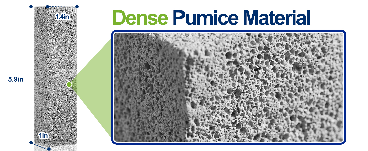 Dense pumice stone cleaning stick with porous texture and size guide.