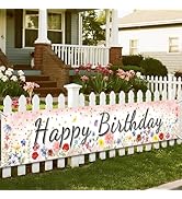 Owishnora Pink Coral Happy Birthday Banner, Floral Design, Colorful Birthday Party Decorations, I...